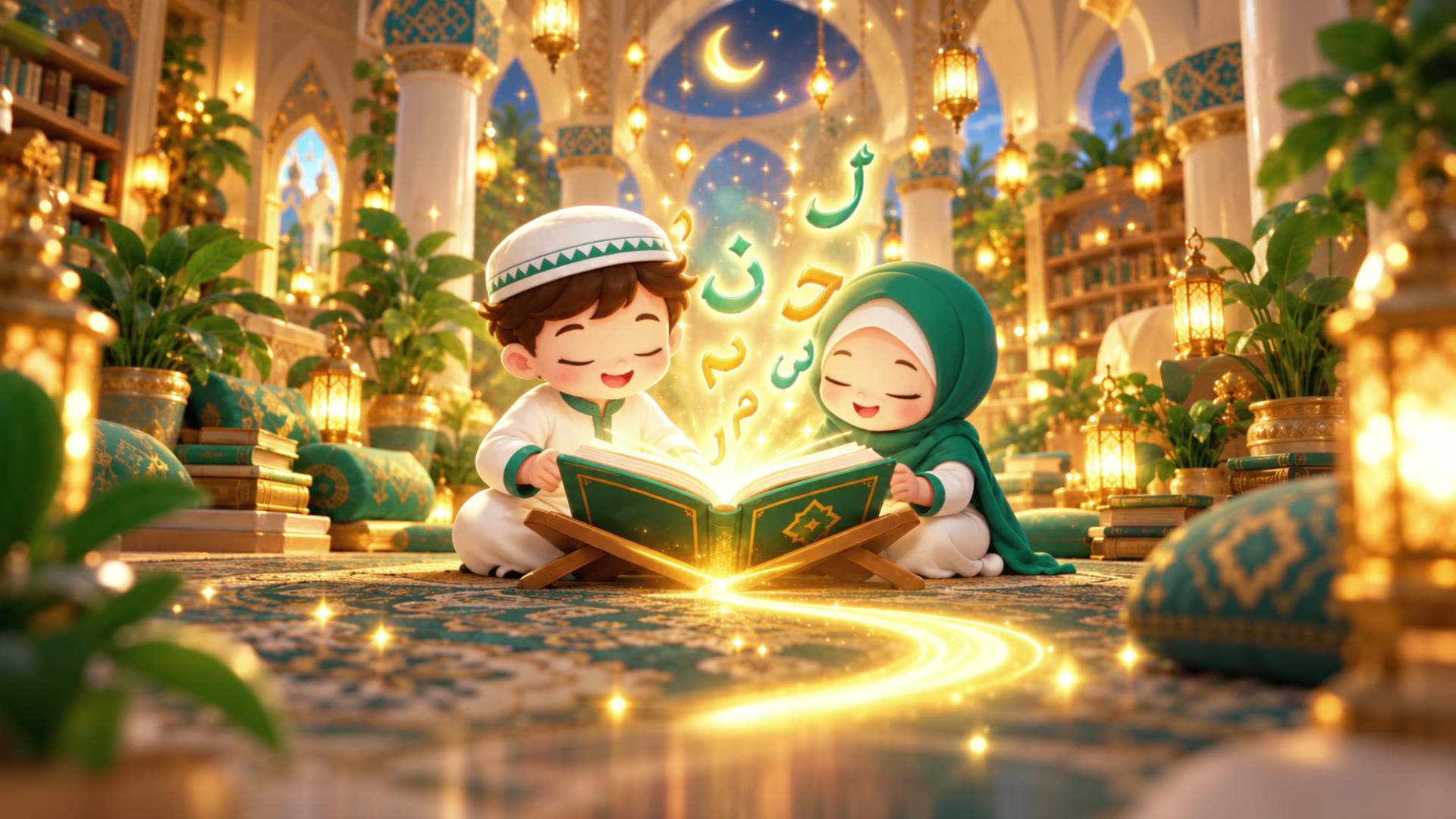 Two young children joyfully reading an open Quran together as golden light and Arabic letters rise from its pages, inside a warm SANAYA learning hall.